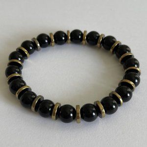 10mm Black Obsidian with Gold Hematite Spacer Crystal Round Stretch Bracelet